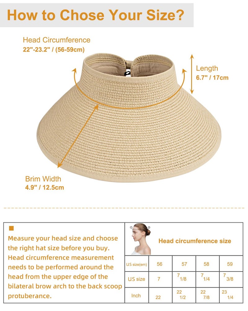 MAYLISACC 2 Pack Straw Sun Visors for Women UPF50+ Floppy Wide Brim, Foldable Topless Beach Hats UV Protection Khaki&Beige - Image 4